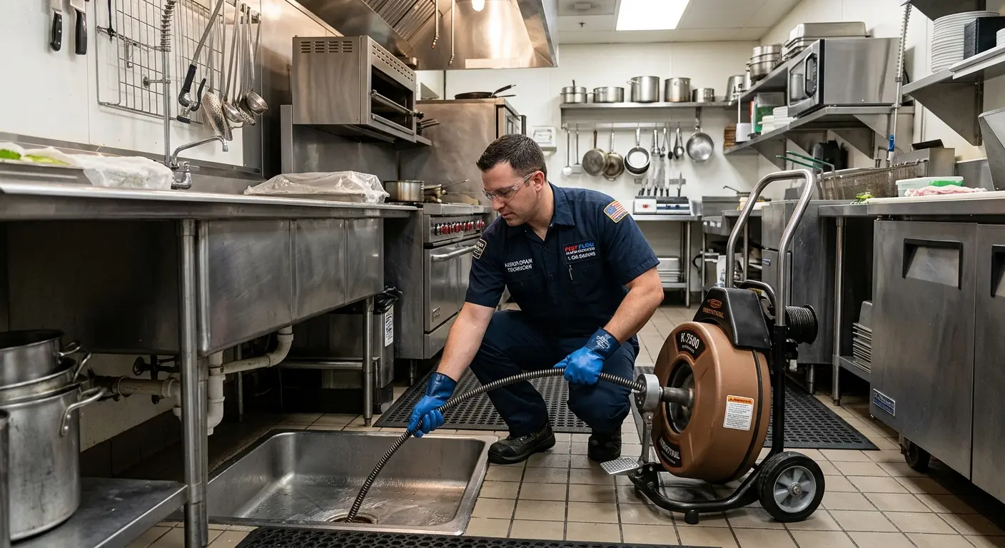 Commercial drain cleaning service in a restaurant kitchen in Rochelle