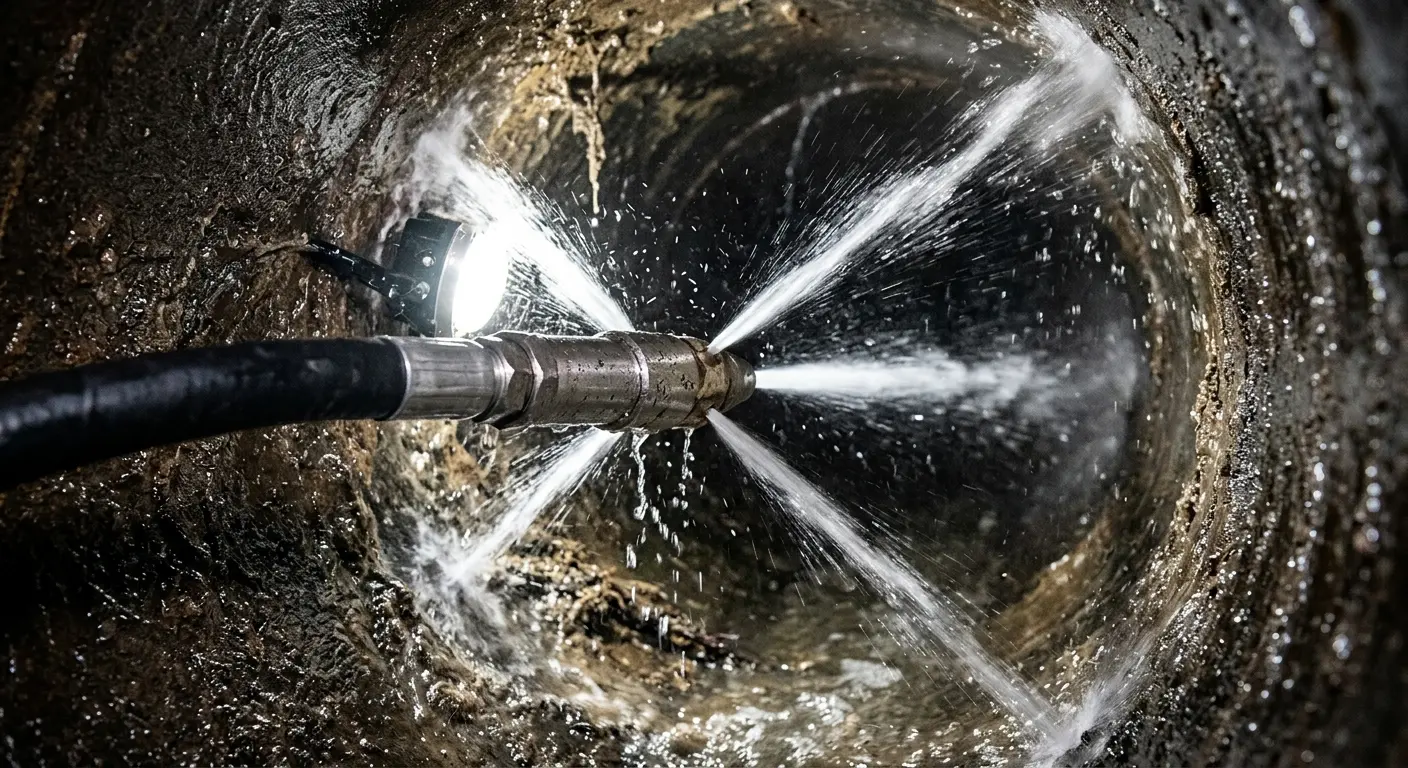 High-pressure hydro jetting nozzle cleaning sewer pipe for Sewer Cleanout in Rochelle
