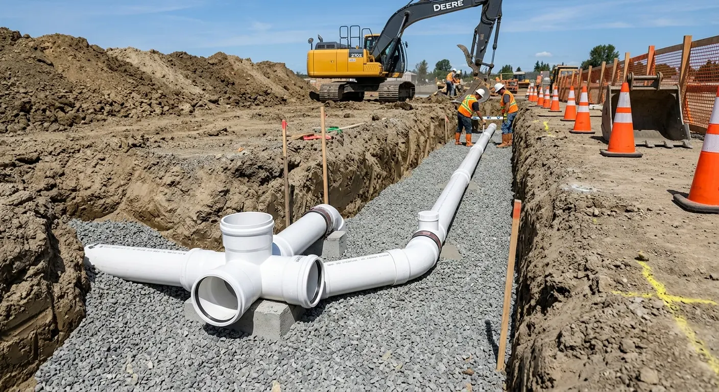 New PVC sewer pipe installation in open trench for Sewer Backup in Rochelle