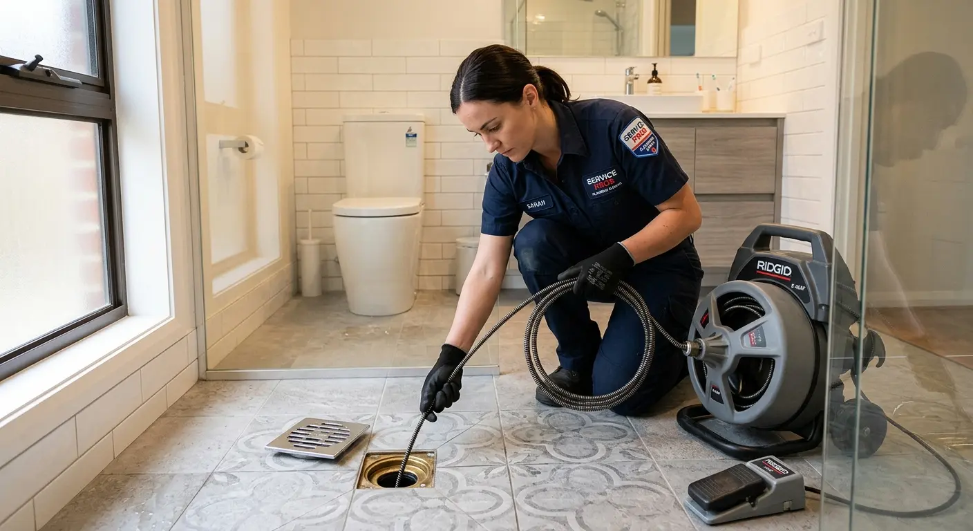 Technician clearing a bathroom floor drain for Drain Cleaning in Rochelle